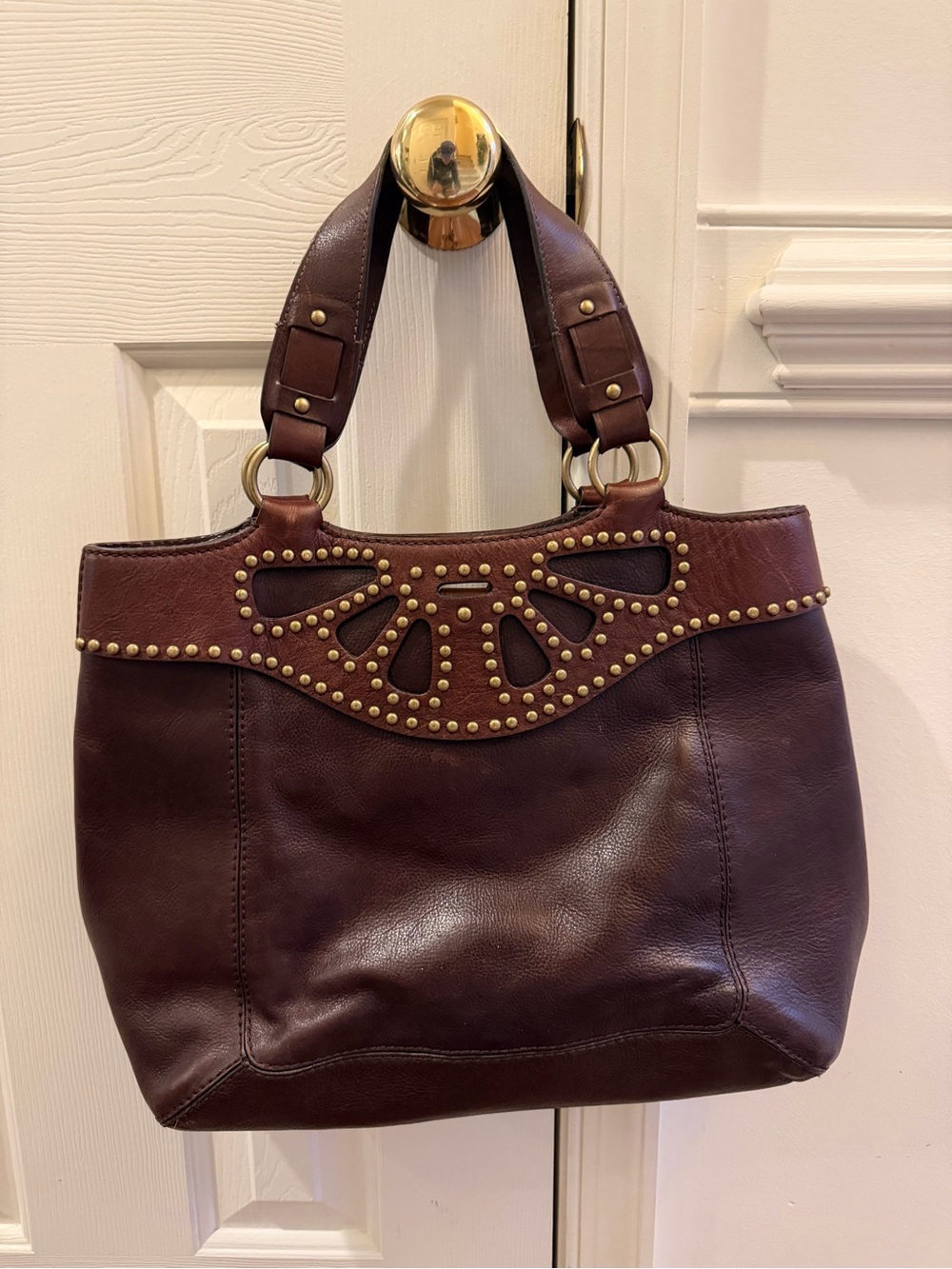 Vintage Michael Kors Rivington Studded Bow Hobo Tote Leather Brown